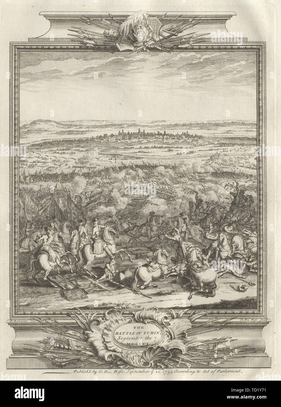 La battaglia di Torino, a settembre il 7, MDCCVI (1706) Italia 1736 antica stampa Foto Stock