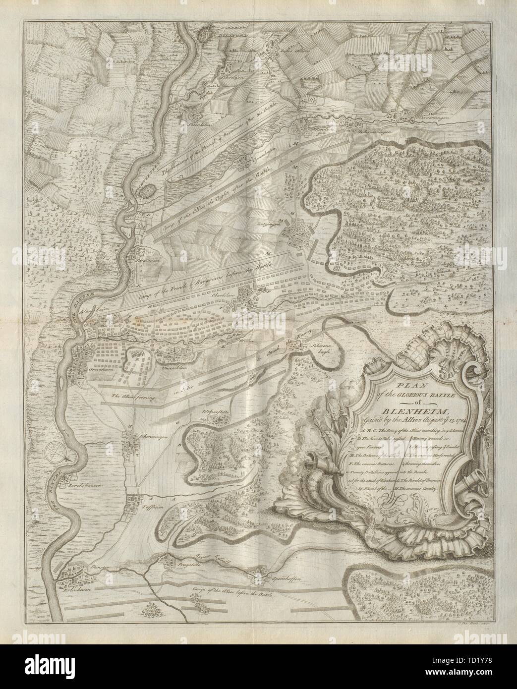 Pianta della gloriosa Battaglia di Blenheim, 1704. Höchstädt. DU BOSC 1736 mappa vecchia Foto Stock
