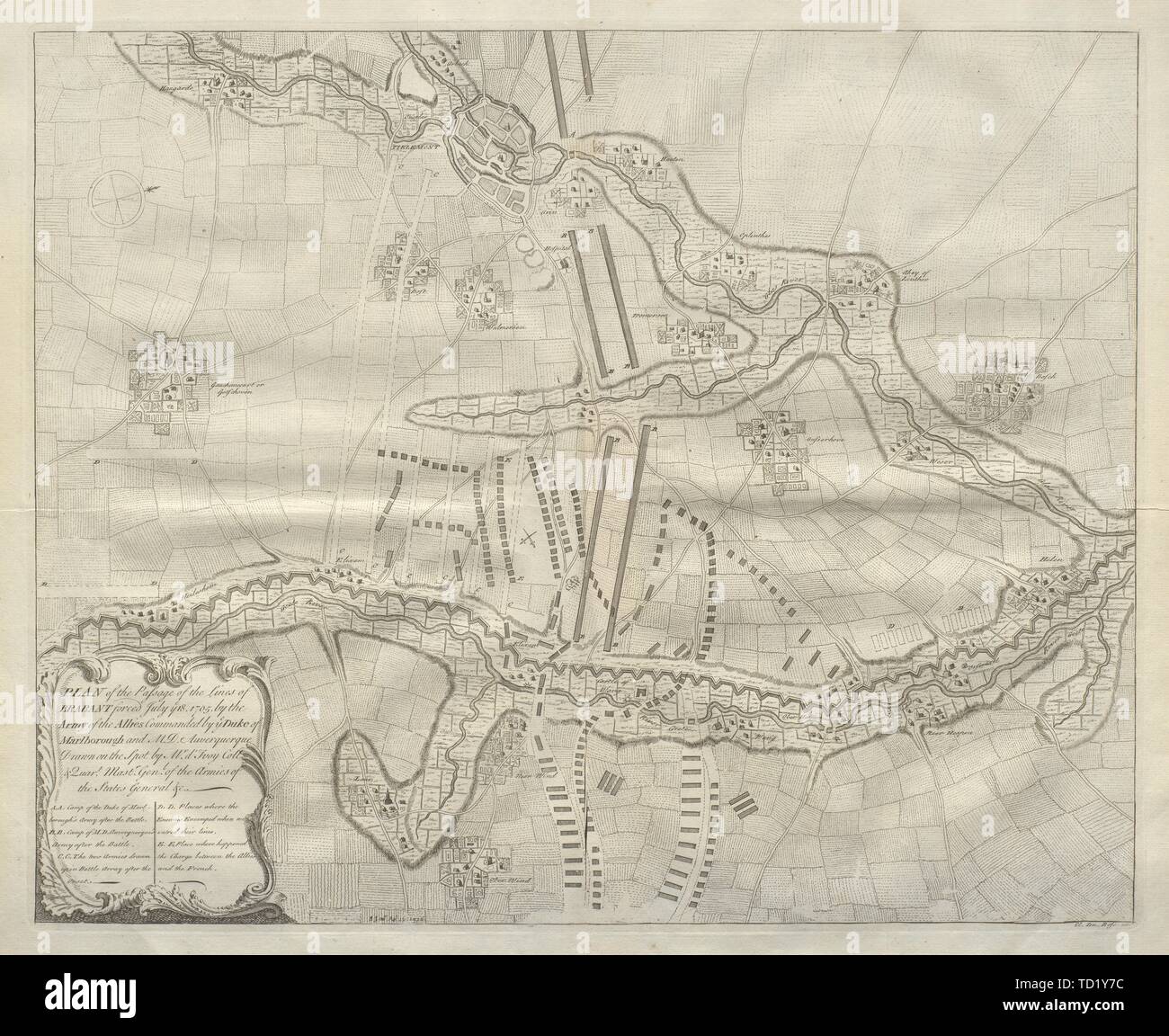Il passaggio delle linee del Brabant 1705. Elixheim/Eliksem Belgio. DU BOSC 1736 mappa Foto Stock