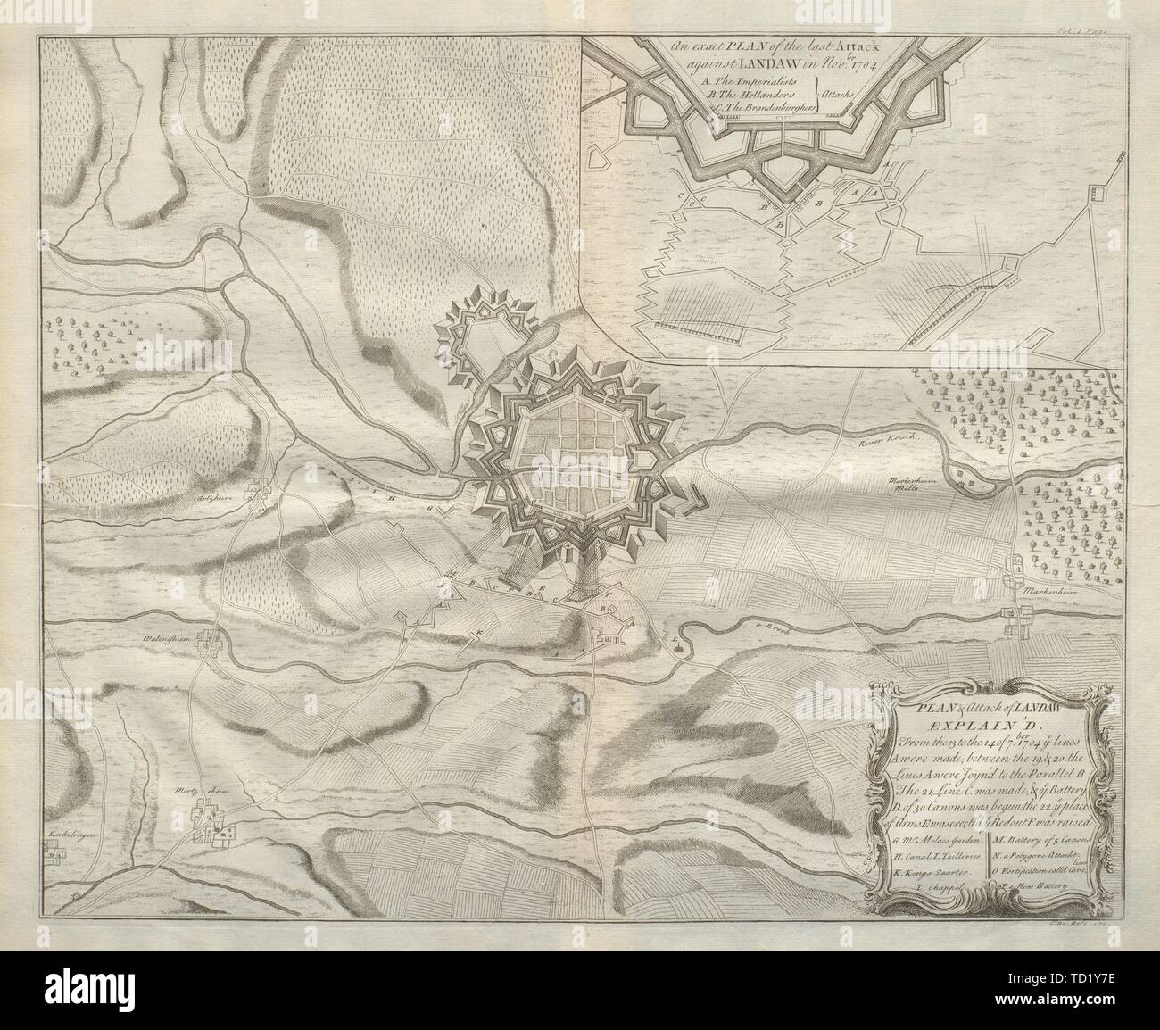 Piano di attacco di Landaw. Landau, Renania-Palatinato, 1704. DU BOSC 1736 mappa Foto Stock