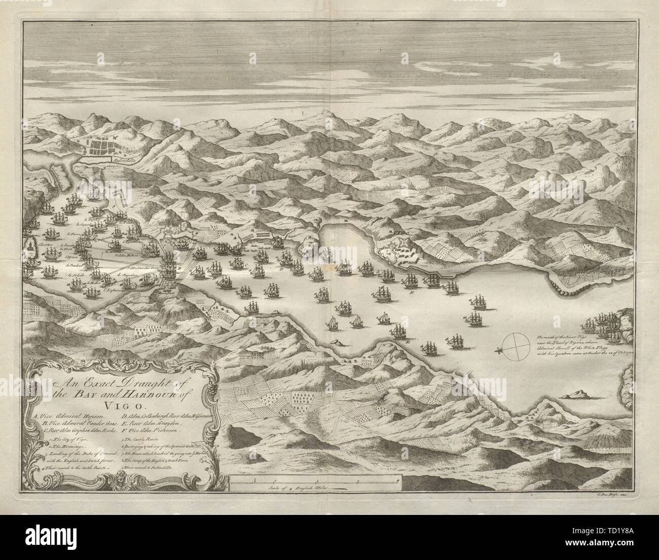 Un progetto di esatta della baia e il porto di Vigo. 1702 battaglia. DU BOSC 1736 mappa Foto Stock