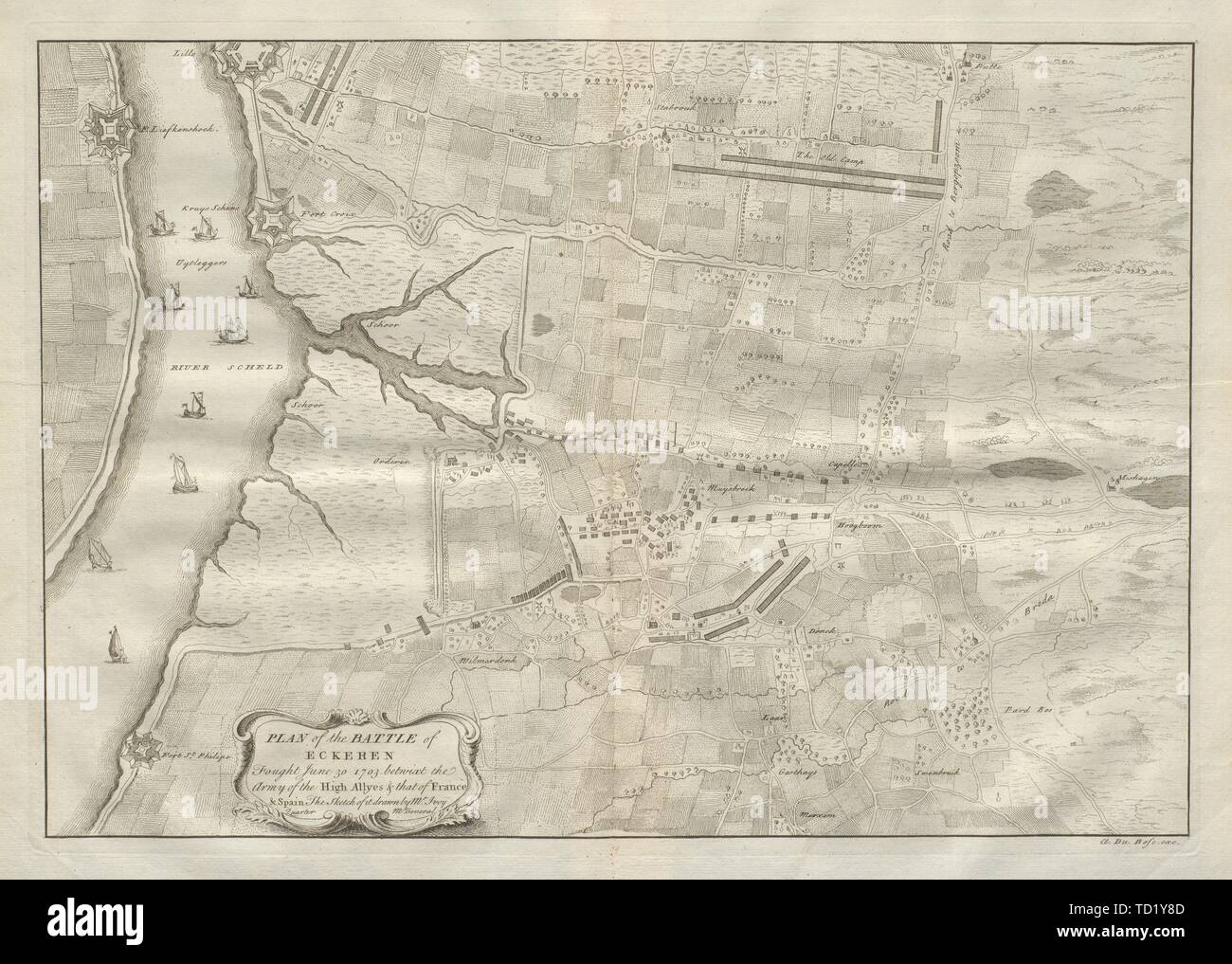 Piano di battaglia di Eckeren, 1703. Ekeren, Belgio. DU BOSC 1736 mappa vecchia Foto Stock