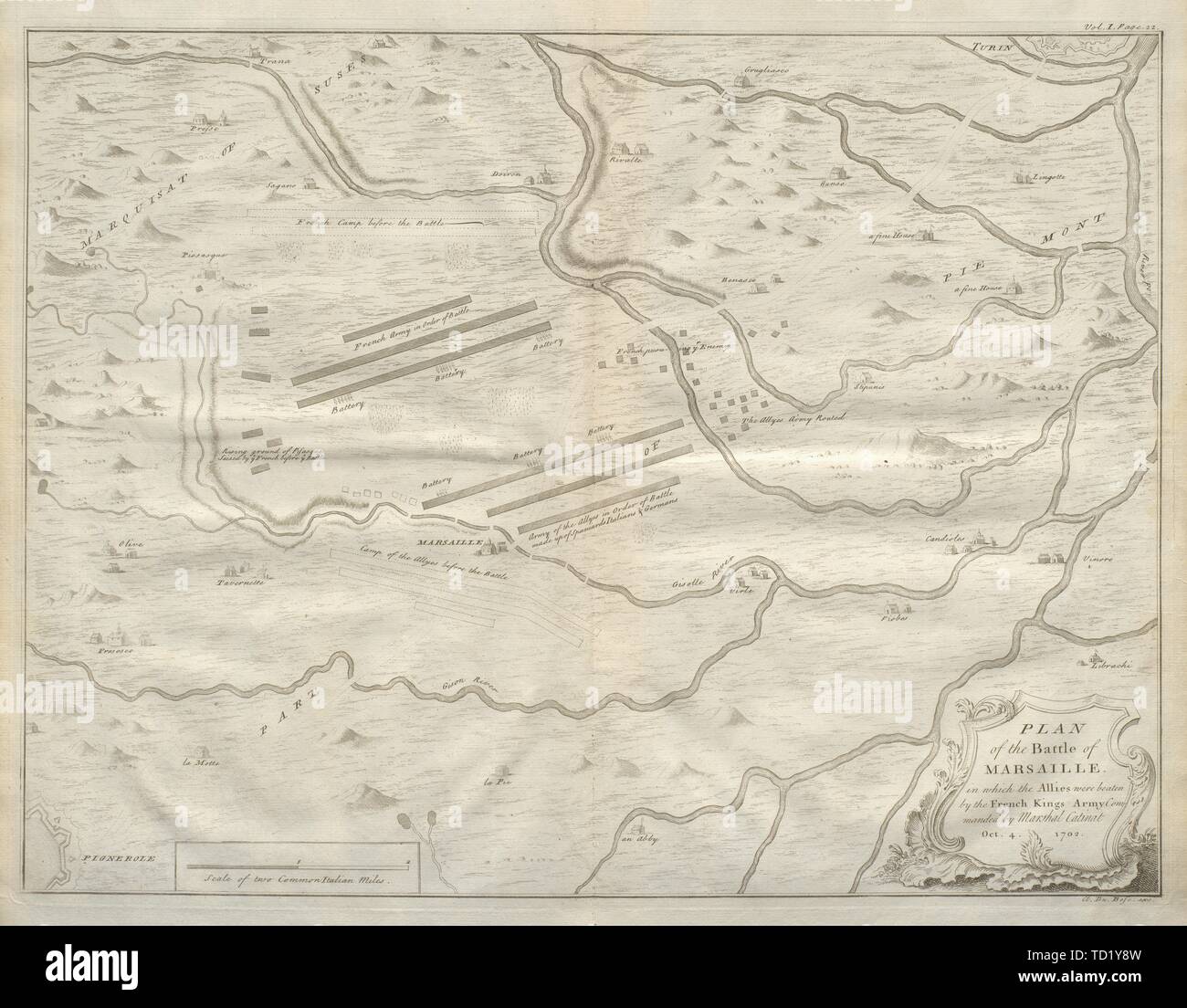 Piano di battaglia di Marsaille. Catinat. 1702. Macello, Torino. DU BOSC 1736 mappa Foto Stock