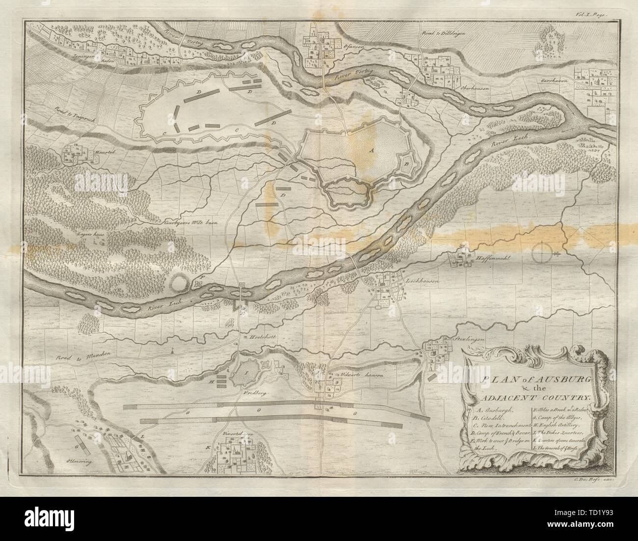 Piano di Ausburg & il paese adiacente. Augusta in Baviera. DU BOSC 1736 mappa Foto Stock