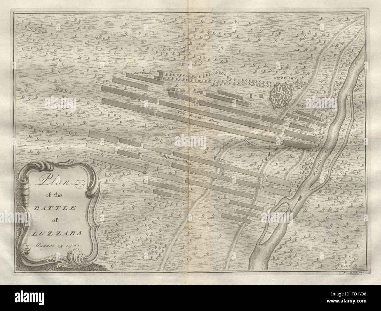 Piano di Battaglia di Luzzara Agosto 15, 1702. Reggio Emilia. DU BOSC 1736 mappa Foto Stock