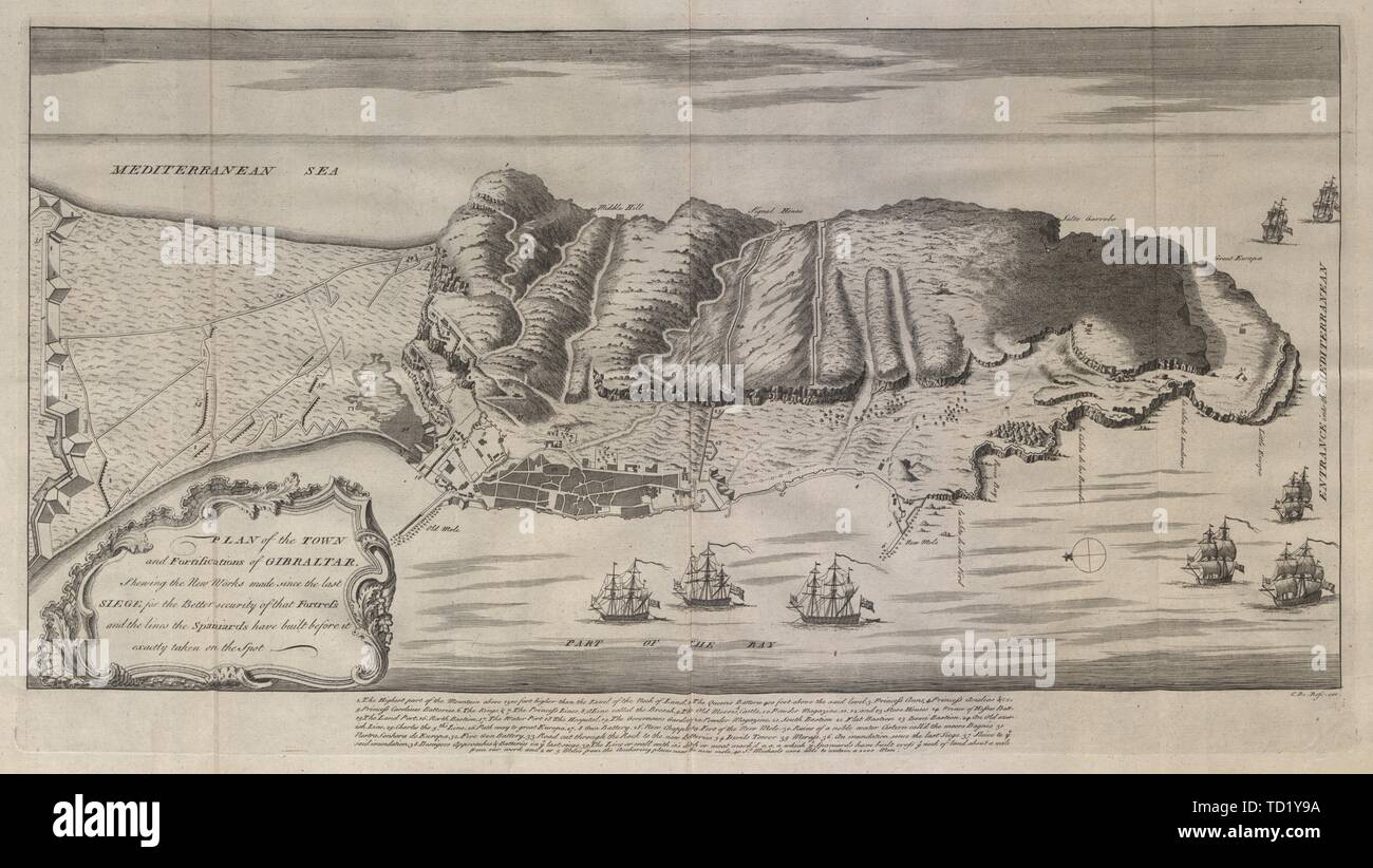 Pianta della città e fortificazioni di Gibilterra. DU BOSC 1736 antica mappa Foto Stock
