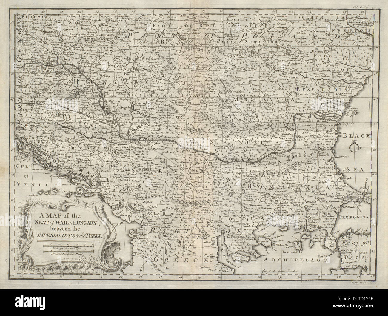 Mappa della sede di guerra in Ungheria tra imperialisti e i Turchi. DU BOSC 1736 Foto Stock