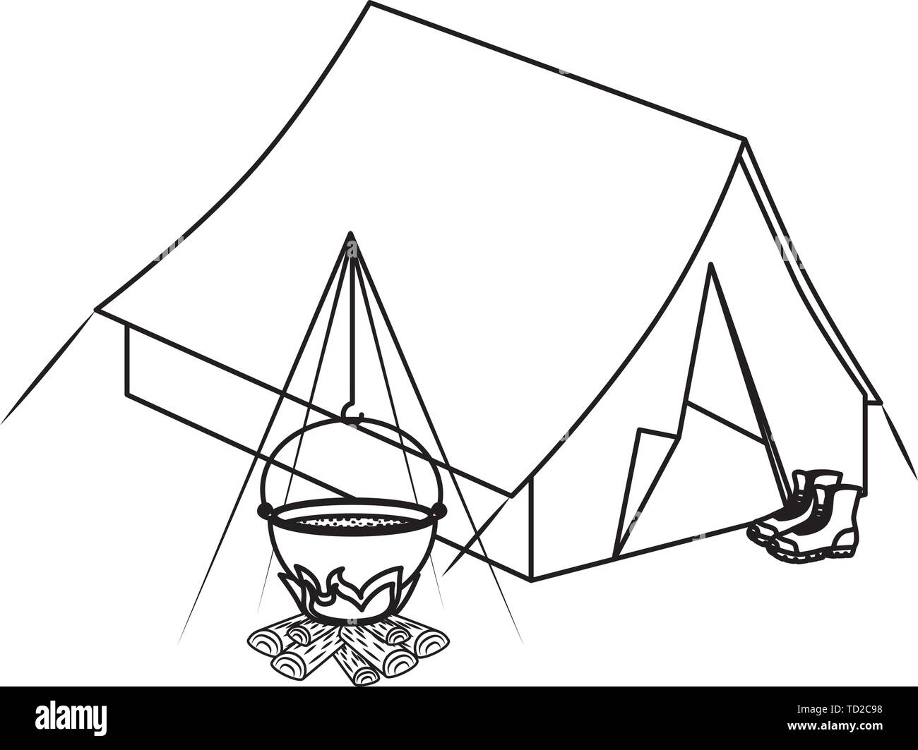 Tende da campeggio con fuoco di legna e stivali Illustrazione Vettoriale