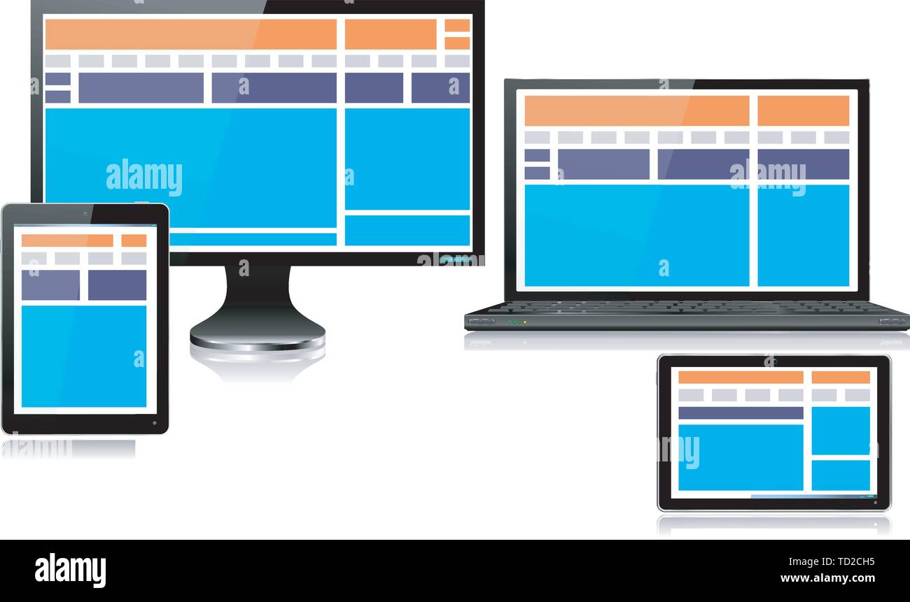 Realistica e mobile computer con dispositivi portatili, tablet, mini tablet  e smartphone che mostra pienamente rispondente style web design - ogni  dispositivo raggruppate Immagine e Vettoriale - Alamy