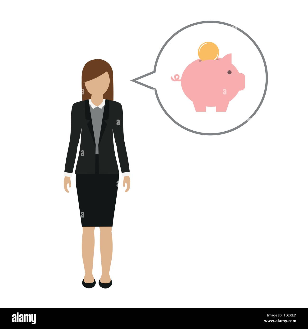 Business donna personaggio parla di risparmio di denaro nel salvadanaio illustrazione vettoriale EPS10 Illustrazione Vettoriale