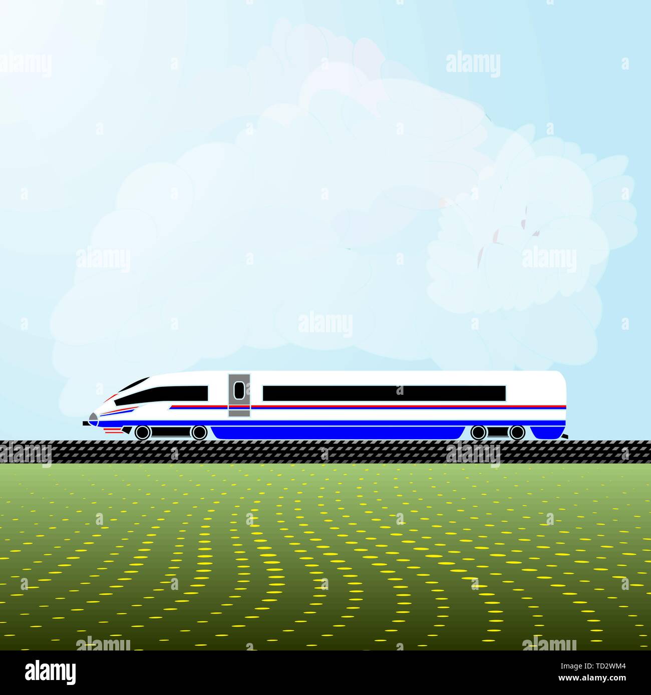 Realistico illustrazione vettoriale della locomotiva di un moderno treno ad alta velocità. Sfondo - una luce cielo blu con nuvole bianche e fioritura astratta m Illustrazione Vettoriale