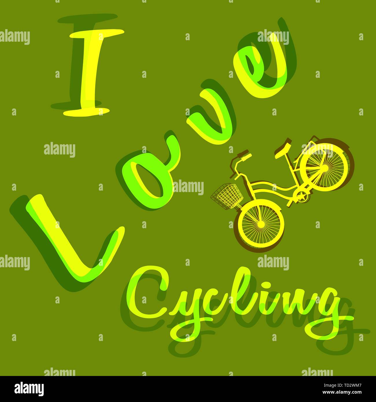 Arte bicicletta con cestello. Iscrizione - io amo il ciclismo. Illustrazione Vettoriale. Sfondo verde. Tavolozza alla moda di verde e di sfumature di colore giallo. Tema di sp Illustrazione Vettoriale