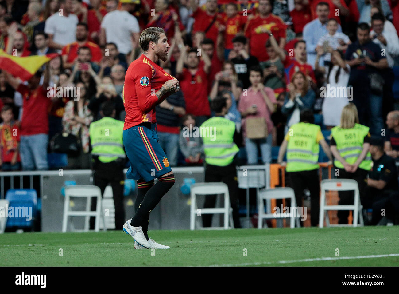 Spagna national team player Sergio Ramos celebra durante UEFA EURO 2020 Qualifier match tra la Spagna e la Svezia a Santiago Bernabeu Stadium in Madrid. Punteggio finale: Spagna 3 - Svezia 0 Foto Stock