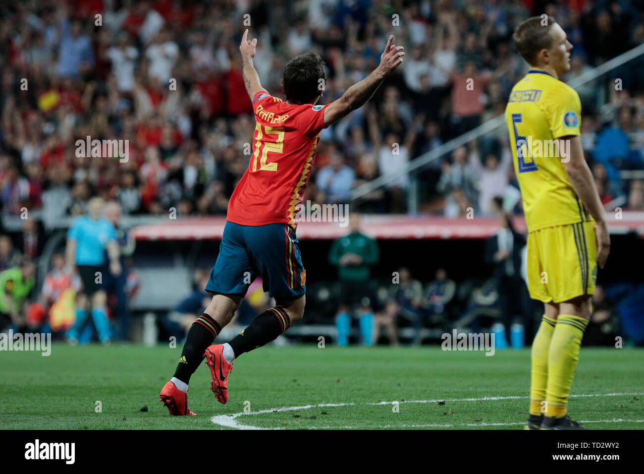 Spagna national team player Mikel Oyarzabal celebra durante UEFA EURO 2020 Qualifier match tra la Spagna e la Svezia a Santiago Bernabeu Stadium in Madrid. Punteggio finale: Spagna 3 - Svezia 0 Foto Stock