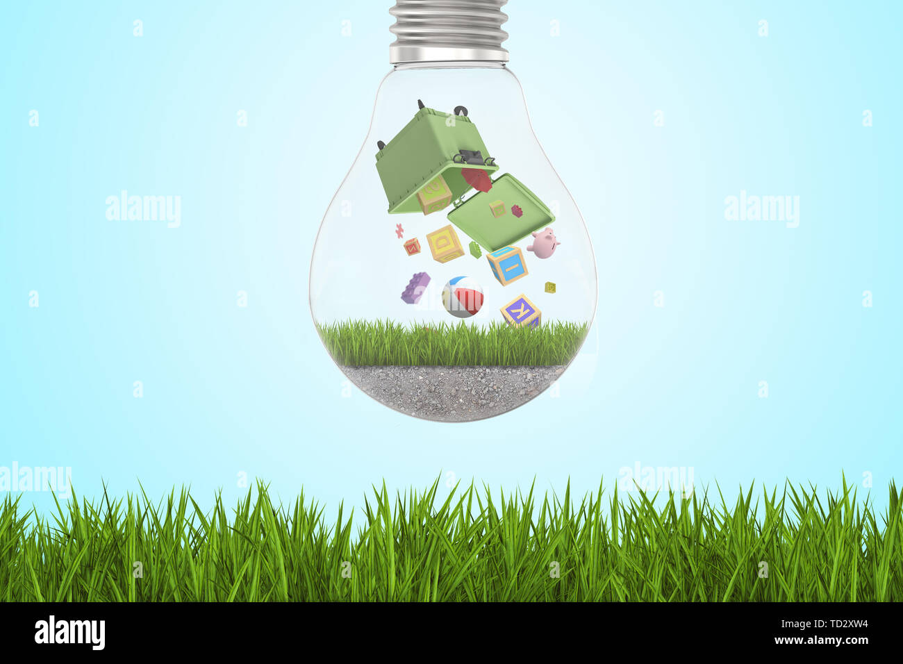 3D rendering di alfabeto blocchi giocattolo e le sfere di cadere fuori del verde cestino all'interno della lampadina sull'erba verde e blu sullo sfondo del cielo Foto Stock
