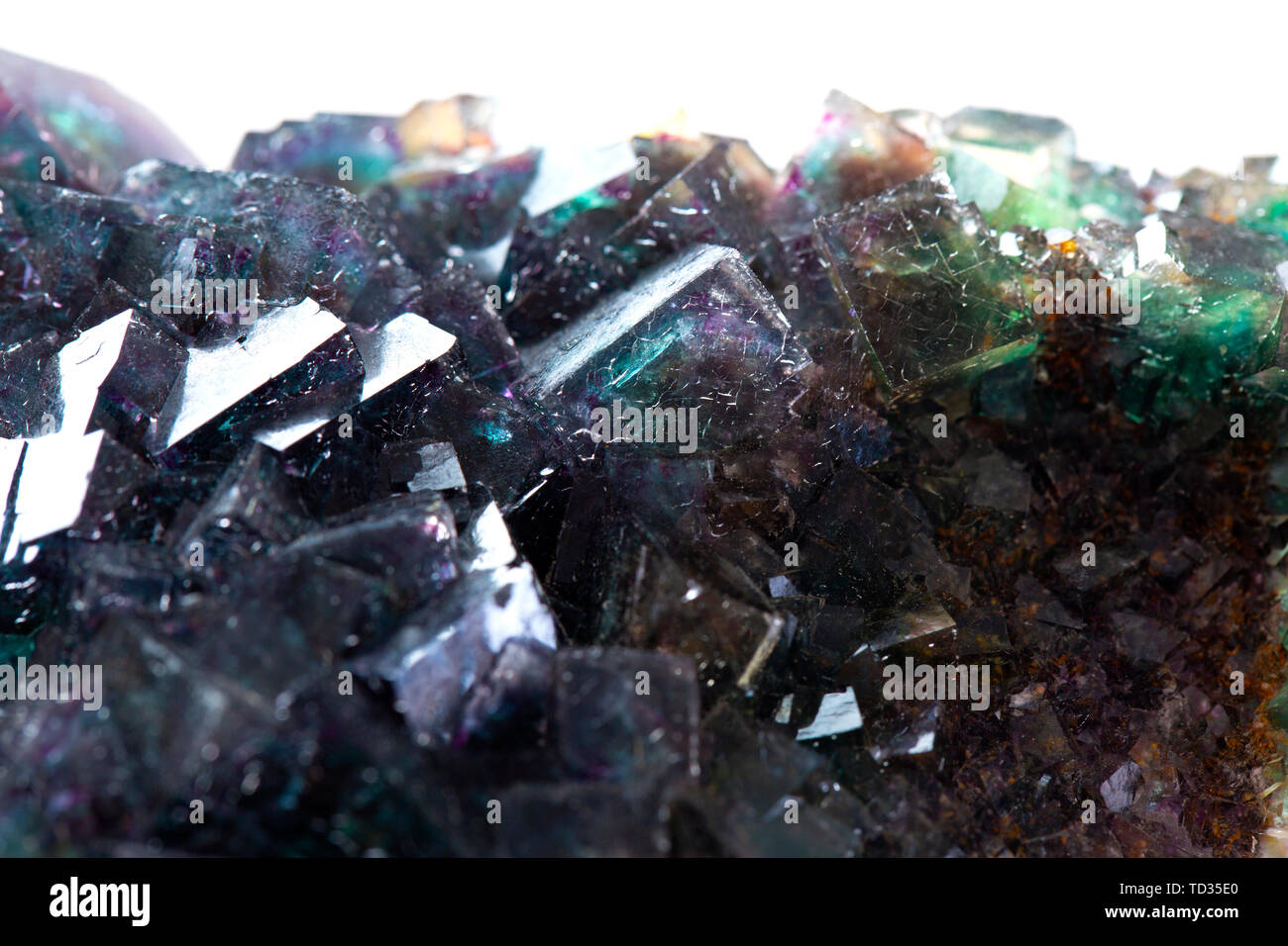 Macro di pietra minerale Fluorite cristallo su uno sfondo nero close-up Foto Stock