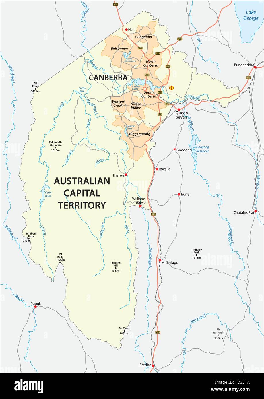 Mappa del Territorio della Capitale Australiana con la capitale Canberra Illustrazione Vettoriale