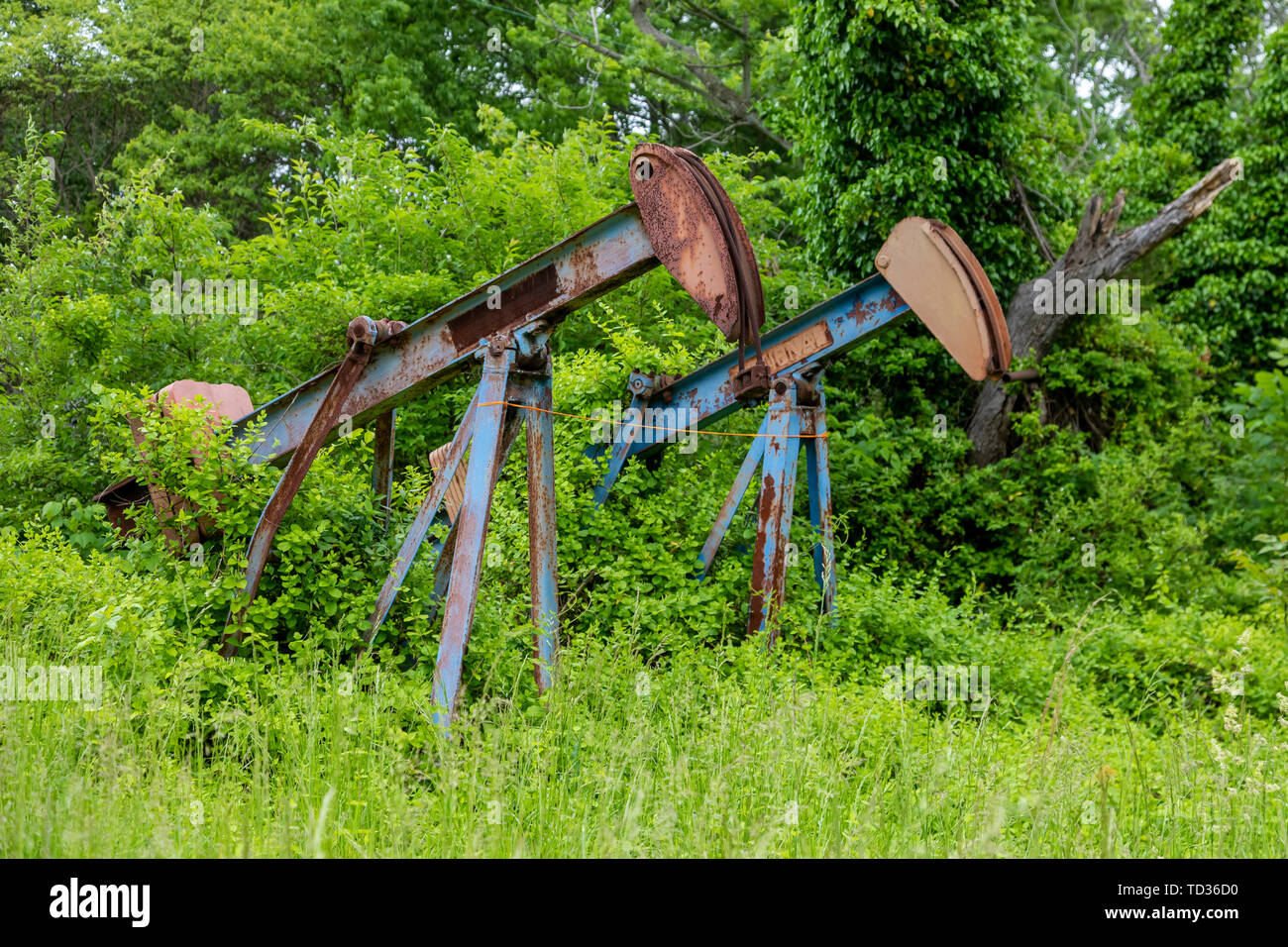 Mt Vernon, Illinois - Vecchio, arrugginimento pumpjacks nell'Illinois bacino di produzione di olio di area che include la Southern Illinois, Western Kentucky e western Foto Stock