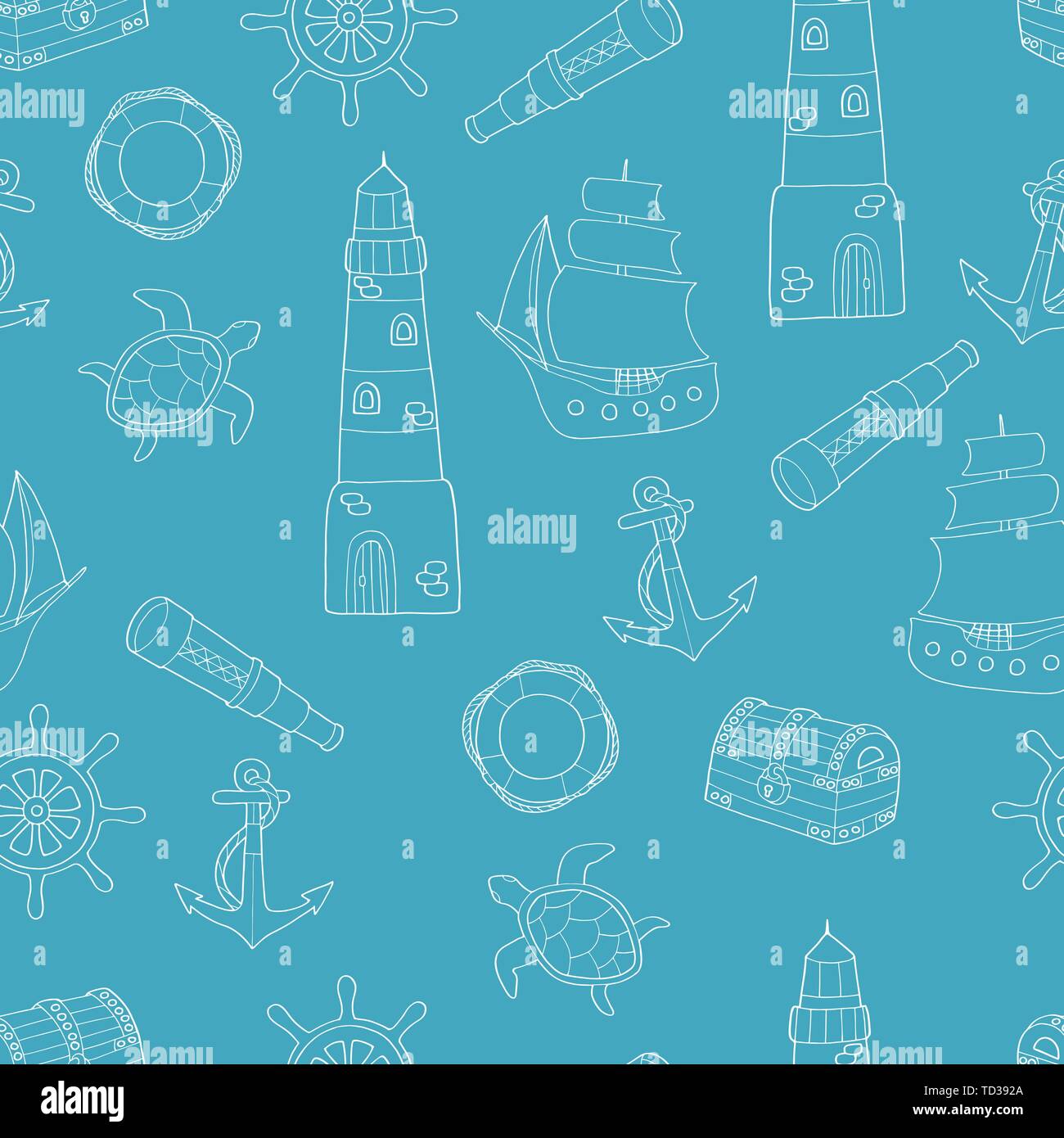 Doodle seamless pattern sul tema marino: nave faro, Lifeline, ancoraggio, volante, telescopio, tartarughe marine. Profilo bianco su sfondo blu Illustrazione Vettoriale