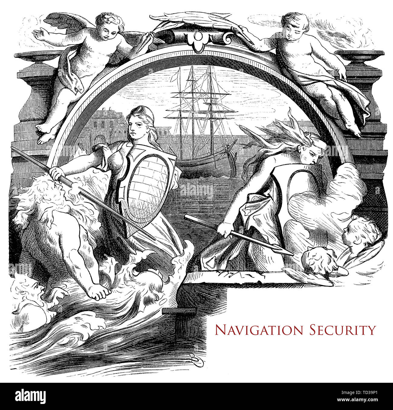 Tipografia: la sicurezza della navigazione capitolo XIX secolo contro il mare di rabbia e di vento Foto Stock