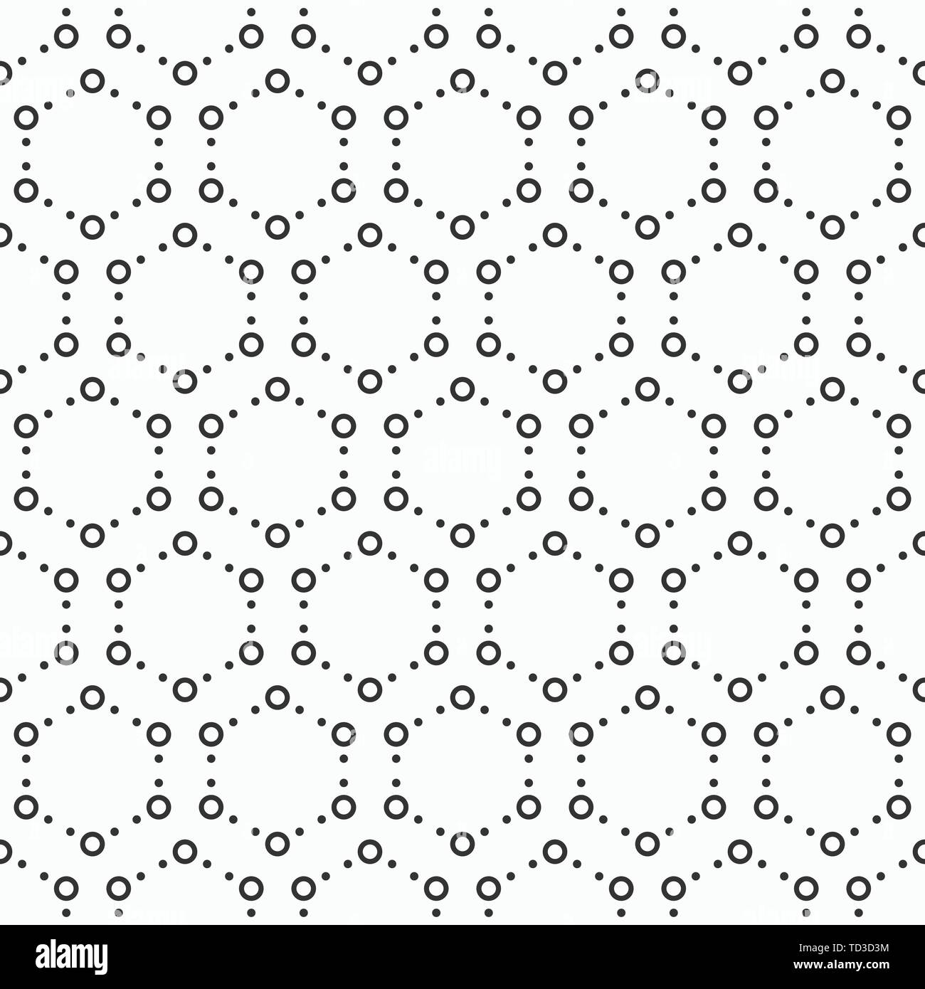 Abstract seamless pattern. Moderna ed elegante struttura. Ripetizione piastrelle geometriche con esagoni tratteggiata. Piccoli cerchi forma esagonale ornamento minimalista. Illustrazione Vettoriale