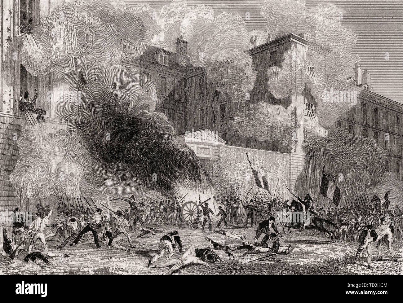 Attacco caserne Babylone delle Guardie Svizzere, rue de Babylone, Parigi, antichi di acciaio inciso stampa, 1831 Foto Stock