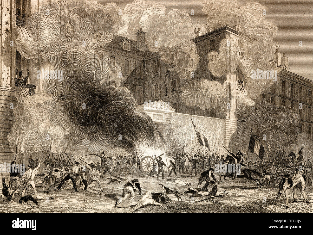 Attacco caserne Babylone delle Guardie Svizzere, rue de Babylone, Parigi, antichi di acciaio inciso stampa, 1831 Foto Stock