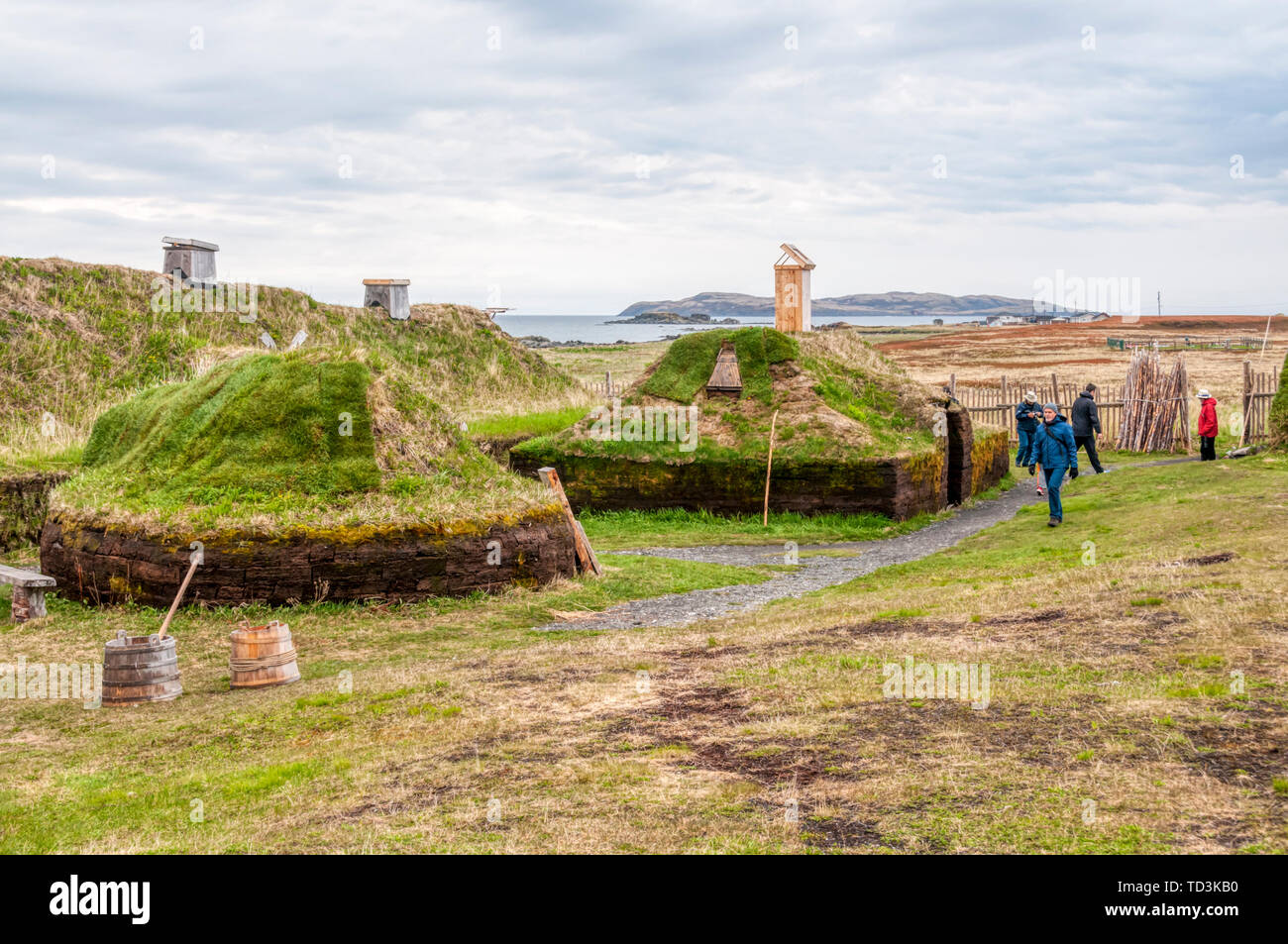 I turisti al ricostruito Norse o insediamento vichingo presso l'Anse aux Meadows sulla Grande Penisola Settentrionale di Terranova. Foto Stock