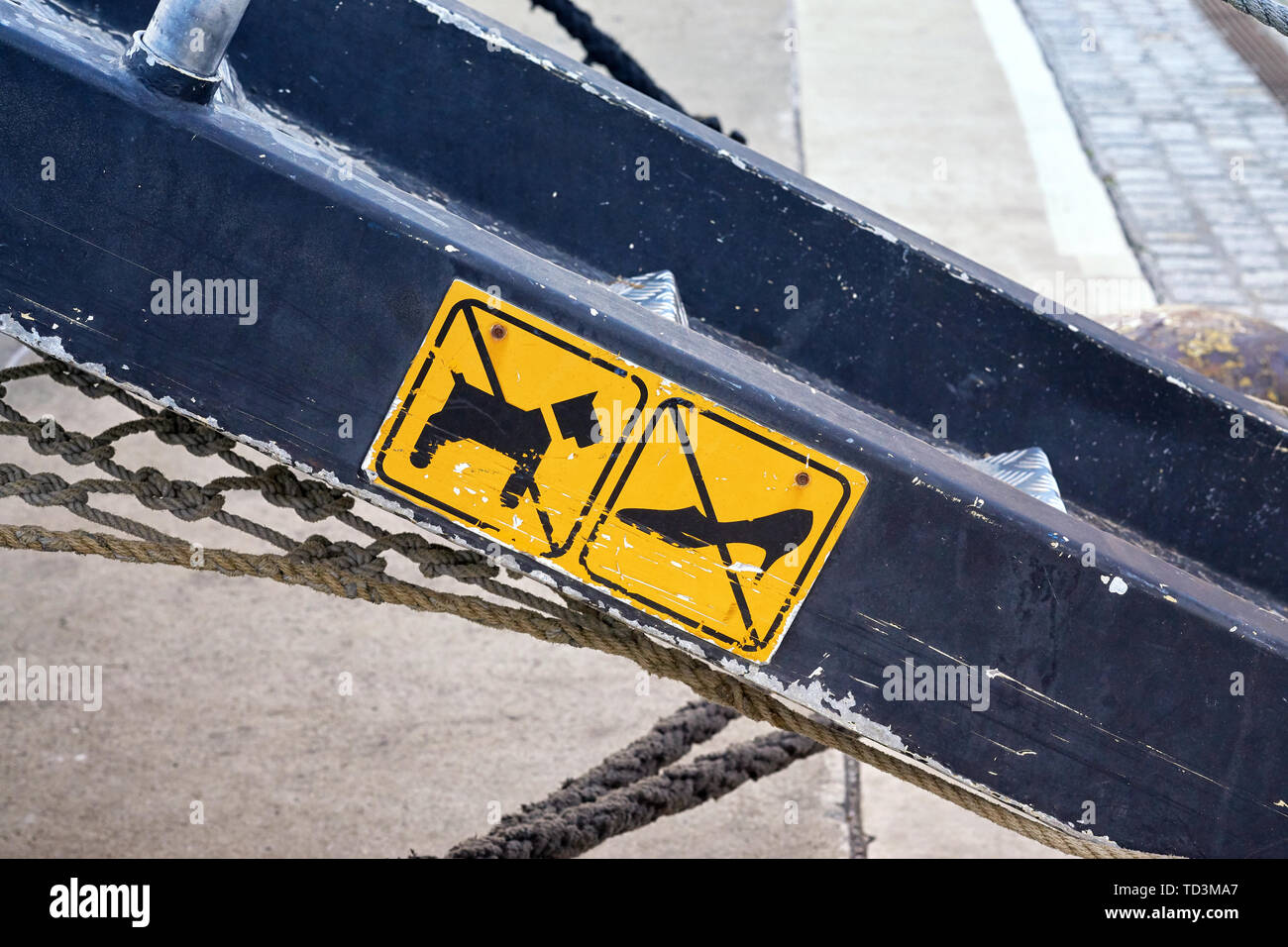 Segno su una scala una barca: cani vietato, tacchi alti vietato. Foto Stock