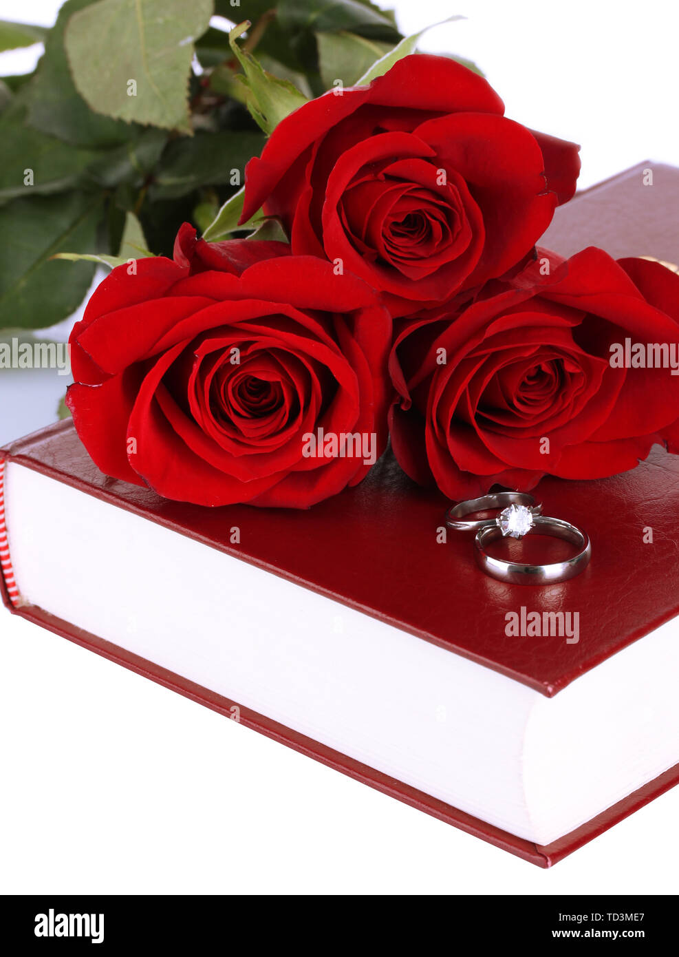 Gli anelli di nozze con rose sulla bibbia isolato su bianco Foto Stock