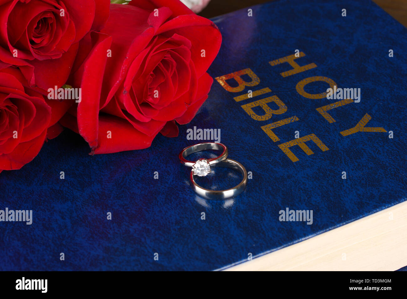 Gli anelli di nozze con rose sulla bibbia Foto Stock