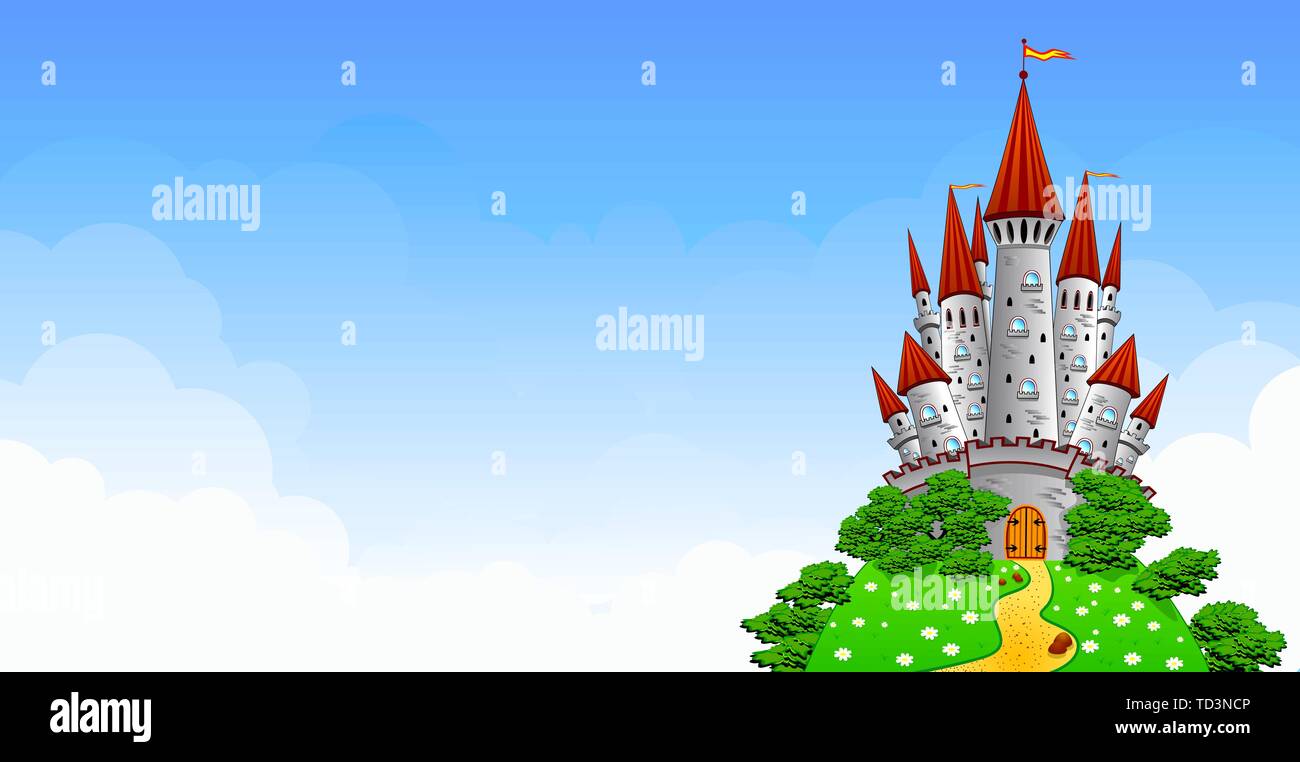 Cartoon castello che si erge sulla collina. Il vecchio castello di grigio. Paesaggio con un castello contro il cielo blu e nuvole bianche. Illustrazione Vettoriale