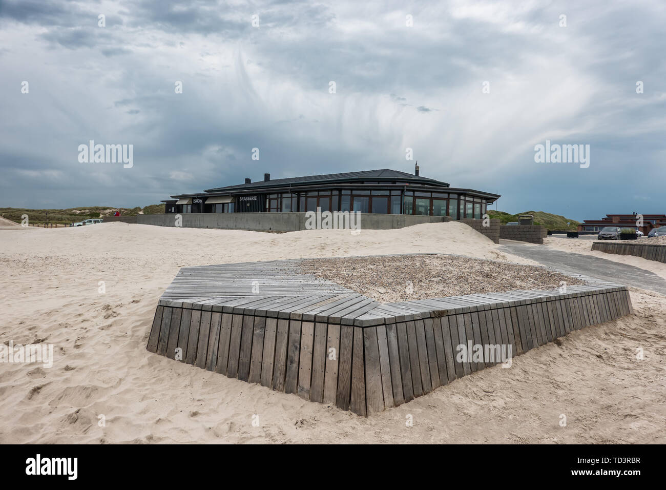 Cafe presso la spiaggia di Henne presso il Danish costa del mare del Nord Foto Stock