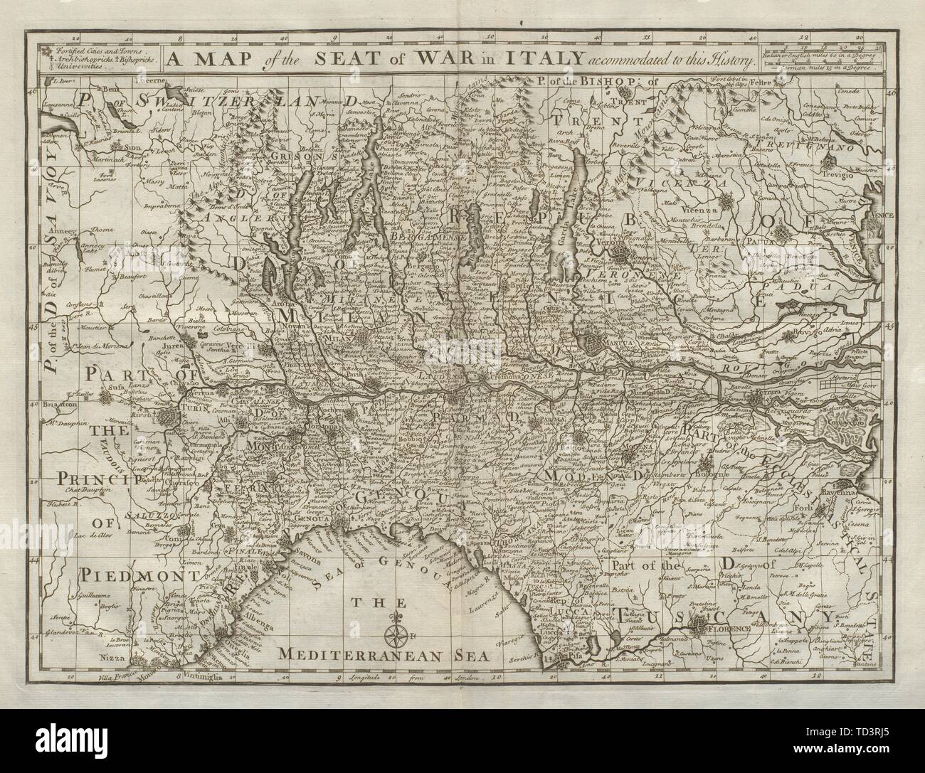 Una mappa della sede di guerra in Italia alloggiato a questa storia. DU BOSC 1736 Foto Stock