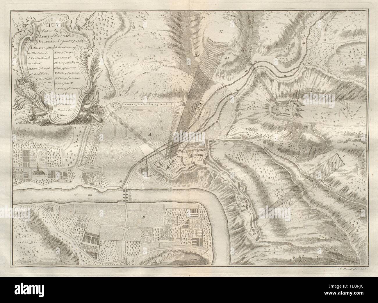 Huy presi da ye esercito degli Stati generali. 1703. Il Belgio. DU BOSC 1736 mappa Foto Stock