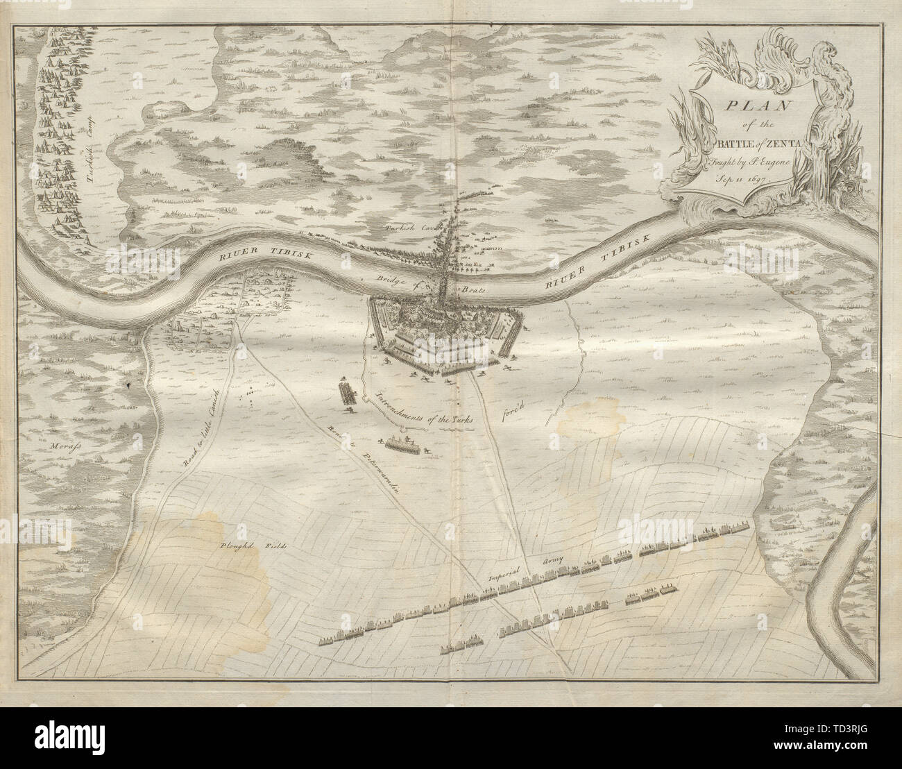 Piano di battaglia di Zenta… Sep 11 1697. La Serbia. DU BOSC 1736 antica mappa Foto Stock