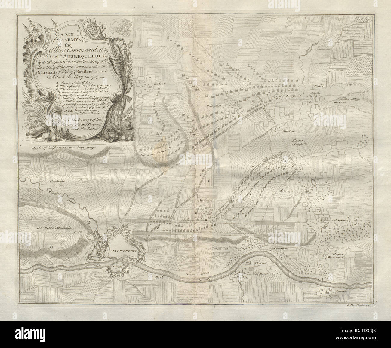 Allied camp Maggio 14, 1703. Maastricht, Paesi Bassi. DU BOSC 1736 mappa vecchia Foto Stock
