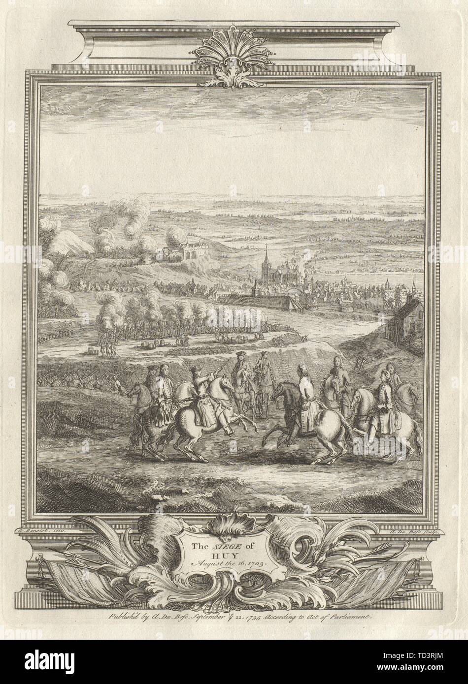 L'Assedio di Huy, Agosto 16, 1703. Belgio 1736 antica immagine di stampa Foto Stock
