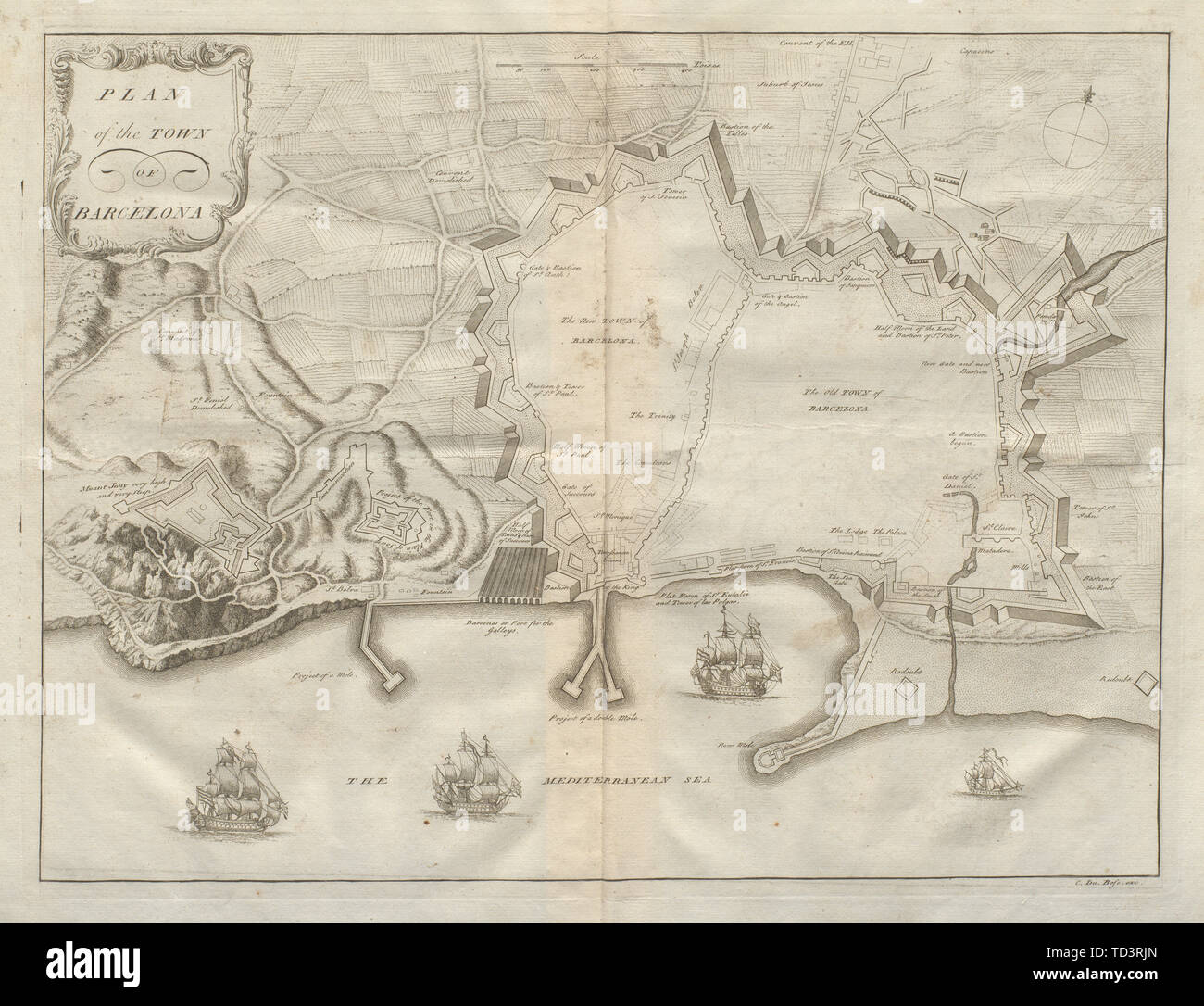 Pianta della città di Barcellona. Spagna. DU BOSC 1736 antica mappa grafico Foto Stock
