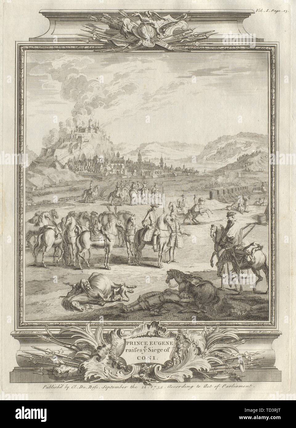 Il principe Eugenio solleva ye assedio del Coni. Assedio di Cuneo 1691, Italia 1736 stampare Foto Stock