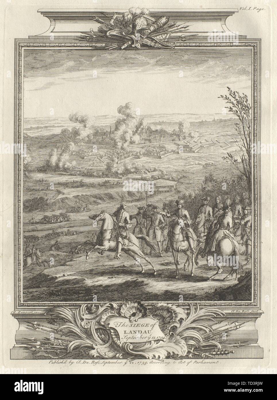 L'Assedio di Landau settembre voi 12, 1704. Renania-palatinato 1736 antica stampa Foto Stock
