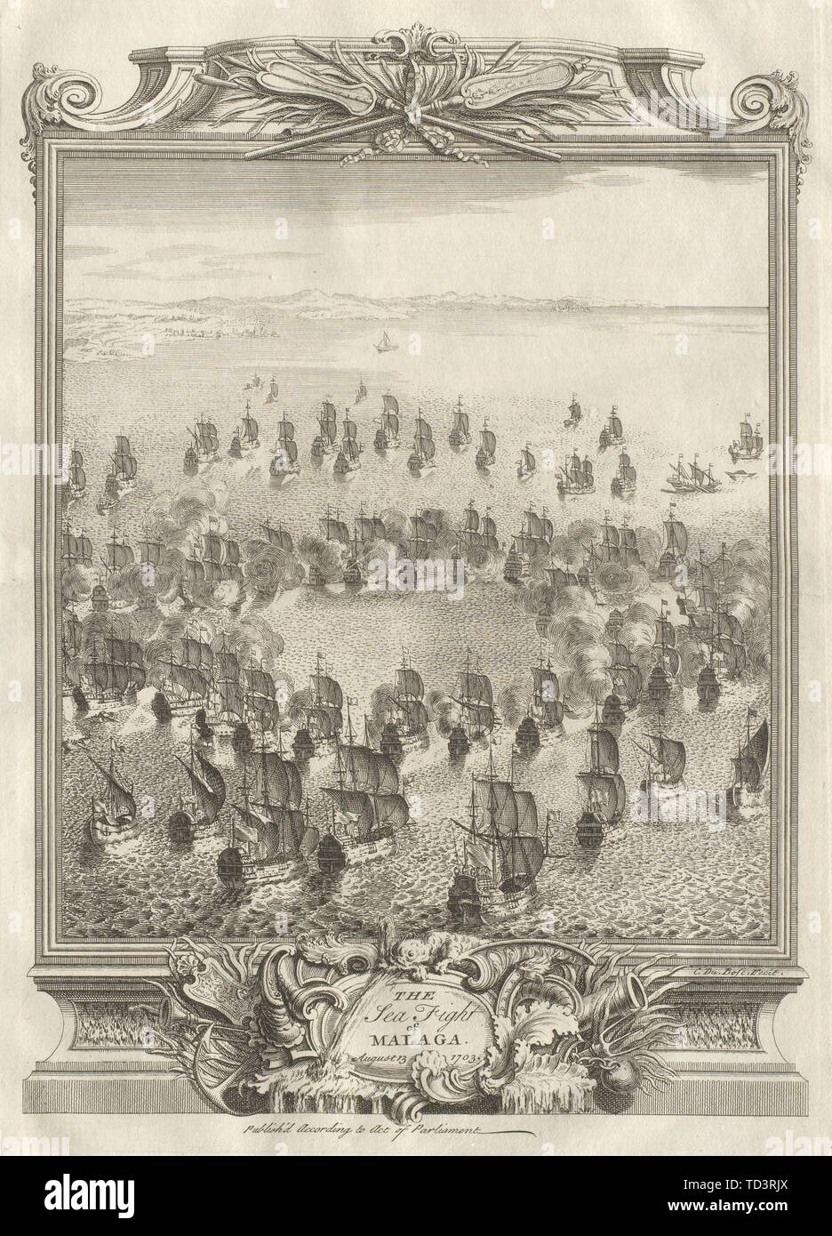 Il mare la lotta di Malaga il 13 agosto 1703. Spagna 1736 antica immagine di stampa Foto Stock