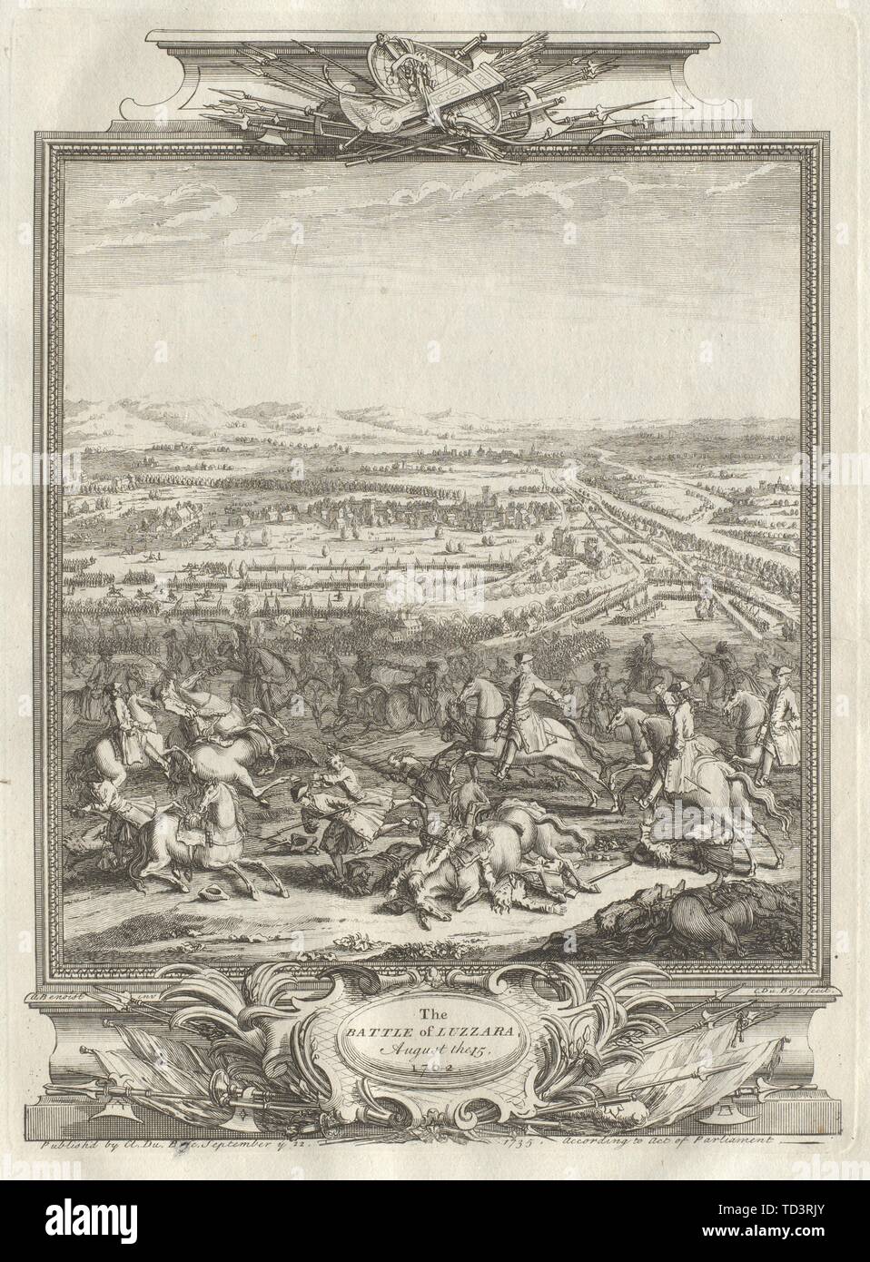 La Battaglia di Luzzara Agosto 15, 1702. Reggio Emilia, Italia 1736 antica stampa Foto Stock