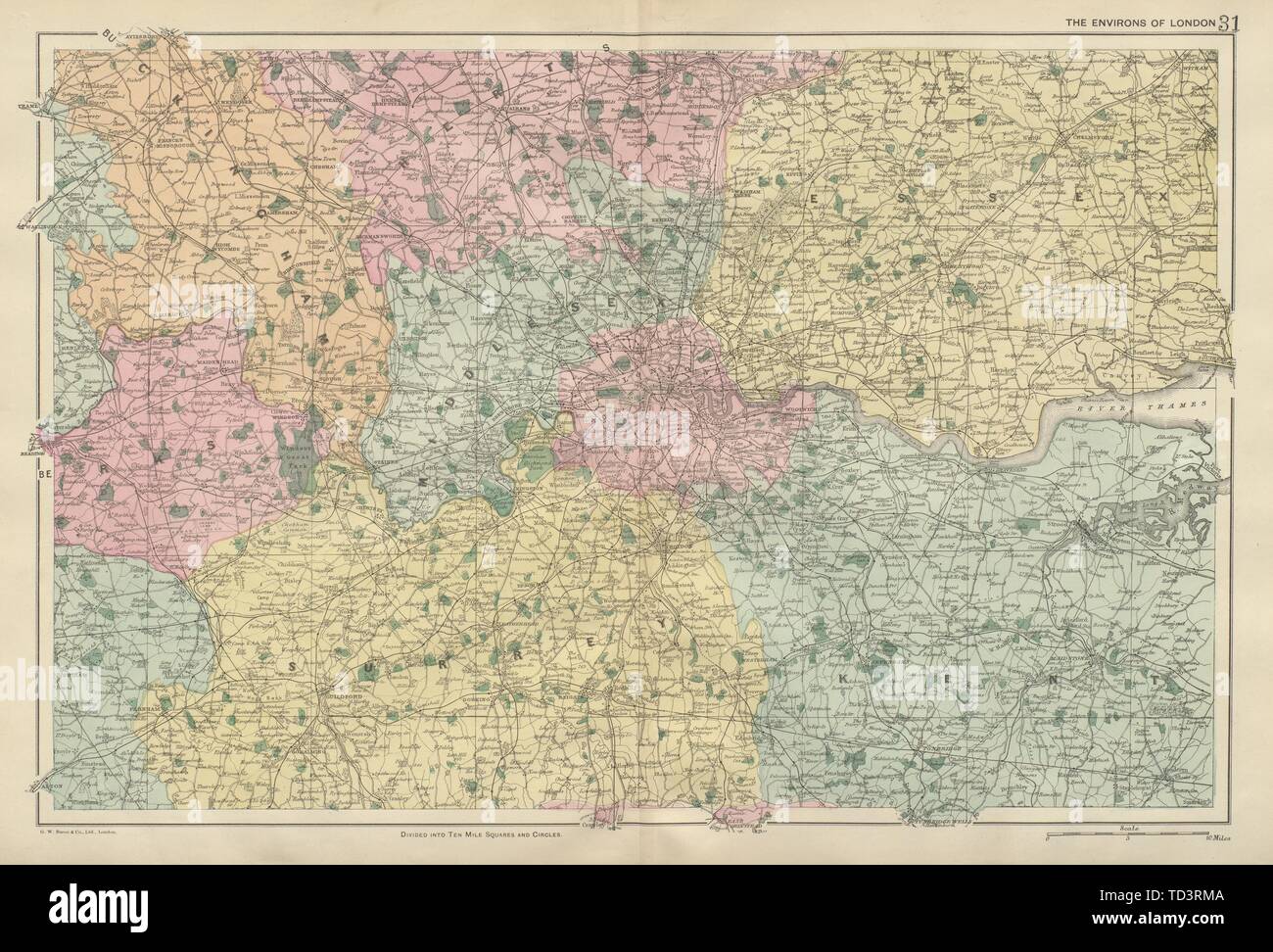 LONDON & Home Counties Middx Essex Kent Surrey Berks Bucks Herts BACON 1900 mappa Foto Stock
