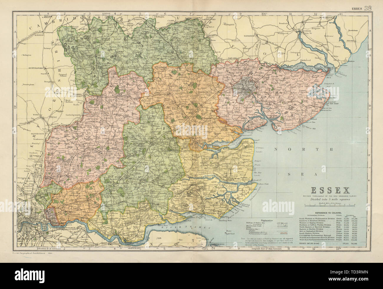 ESSEX. County map. Circoscrizioni parlamentare divisioni. Le ferrovie. BACON 1900 Foto Stock