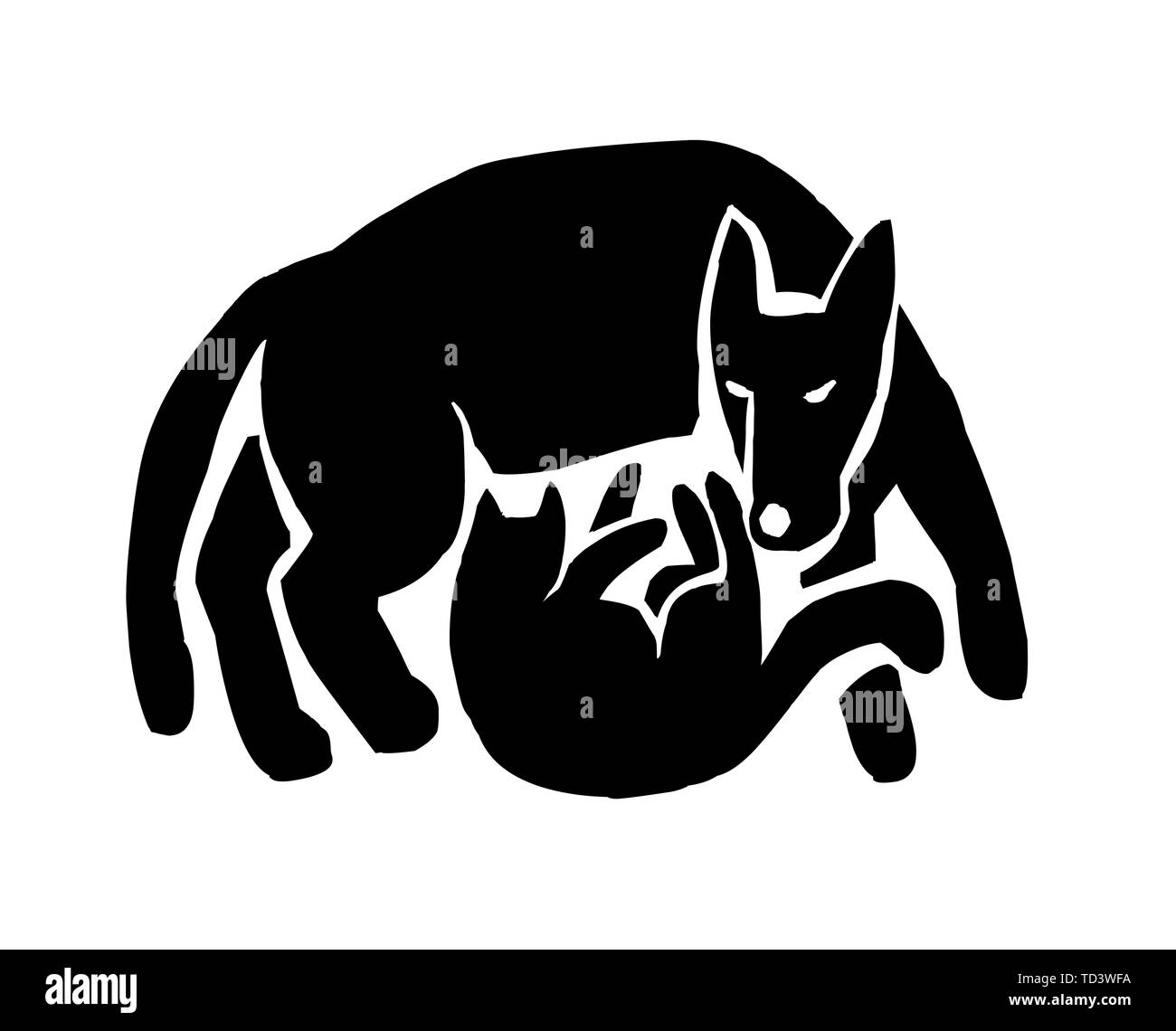 Cane e gatto amici insieme silhouette bianco nero Illustrazione Vettoriale
