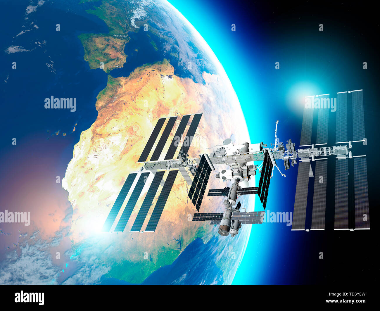 La Stazione Spaziale Internazionale (ISS) è una stazione spaziale o un abitabile satellite artificiale in orbita bassa attorno alla terra. Vista satellitare della terra e ISS Foto Stock