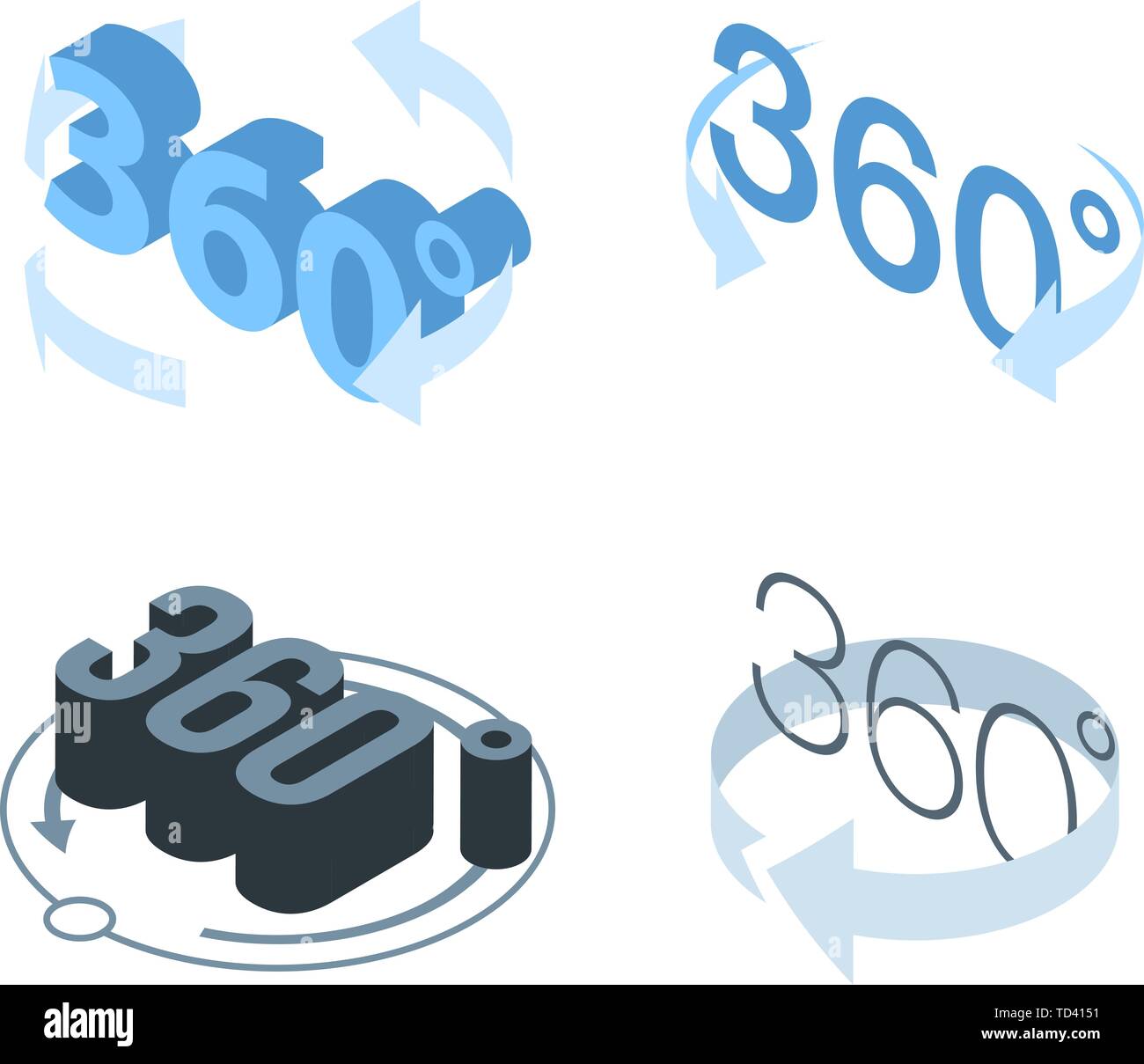 360 gradi set di icone, stile isometrico Illustrazione Vettoriale
