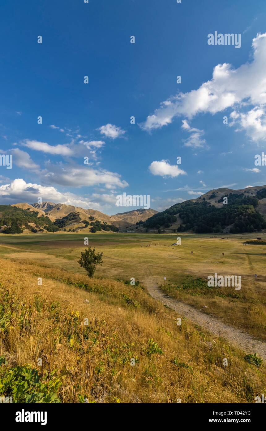 Vista della valle tra le montagne e con le attività estive Foto Stock