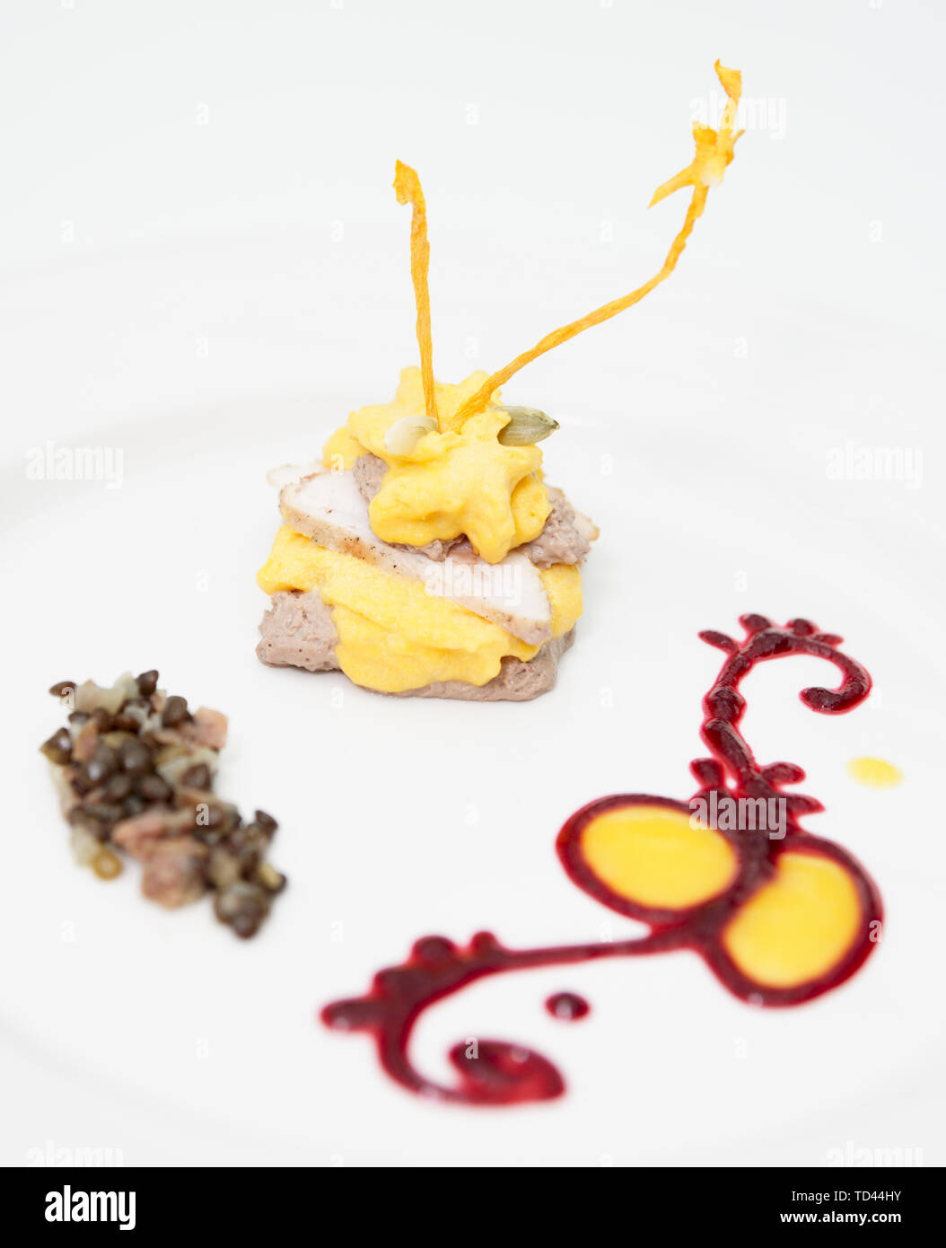 Creative pate piatto con salsa di frutti di bosco decorazione Foto Stock